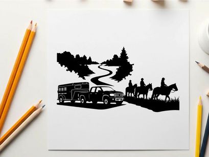 Silhouette of horseback riders and emergency response truck on a winding road