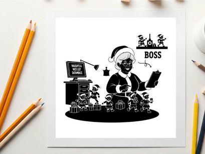 Silhouette of a santa claus like figure as a boss with silhouette city