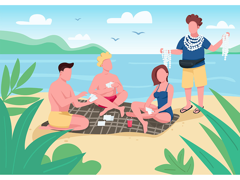 Friends playing cards on beach flat color vector illustration