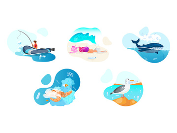 Plastic pollution in ocean flat concept icons set preview picture