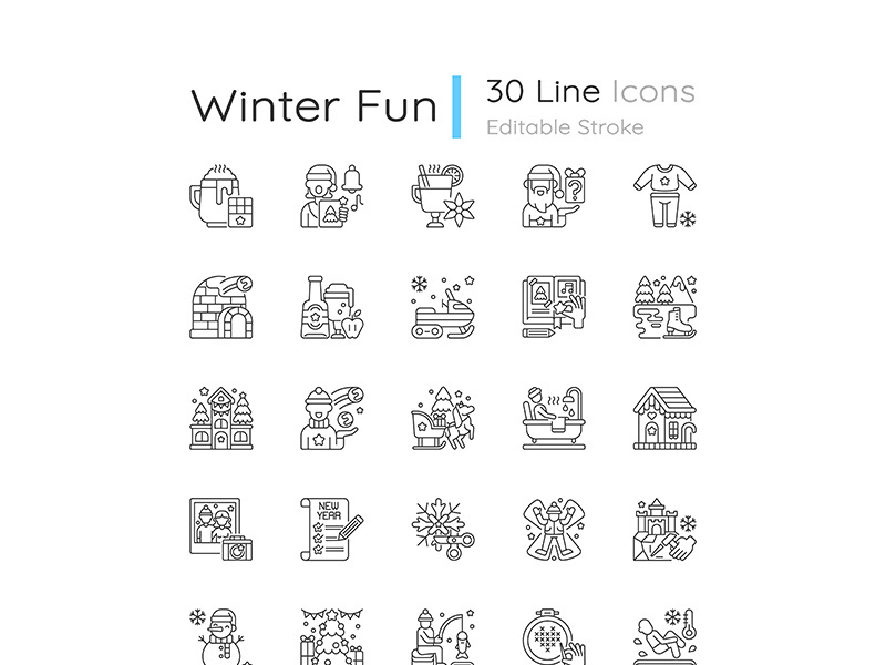 Winter fun linear icons set