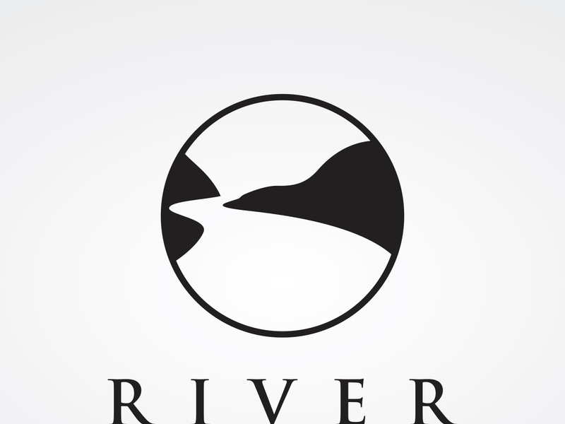 Logos of rivers, creeks, riverbanks and streams. River logo with combination of mountains and farmland with vector concept design.