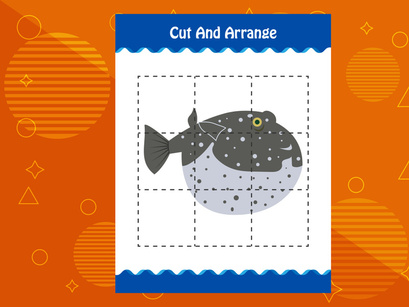 10 Pages Cut and arrange with a fish worksheet for kids. Educational game for children