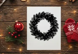 Black Christmas wreath silhouette isolated on white background for holiday design