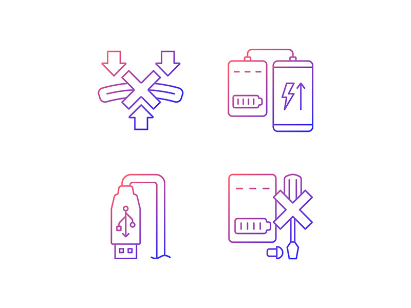 Powerbank proper use gradient linear vector manual label icons set
