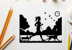 Silhouette of woman jogging with dog at sunrise