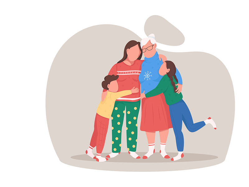 Family hug on Christmas flat color vector faceless character