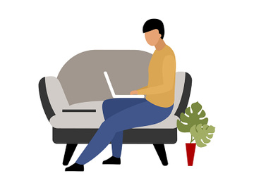 Man working remotely at home flat color vector faceless character preview picture