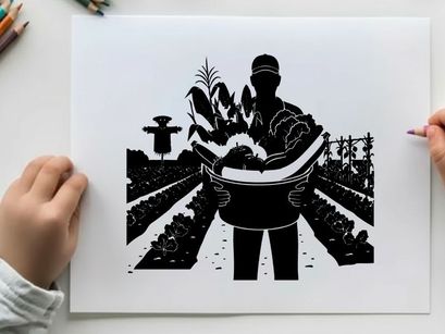 Silhouette of farmer holding basket of fresh produce in field