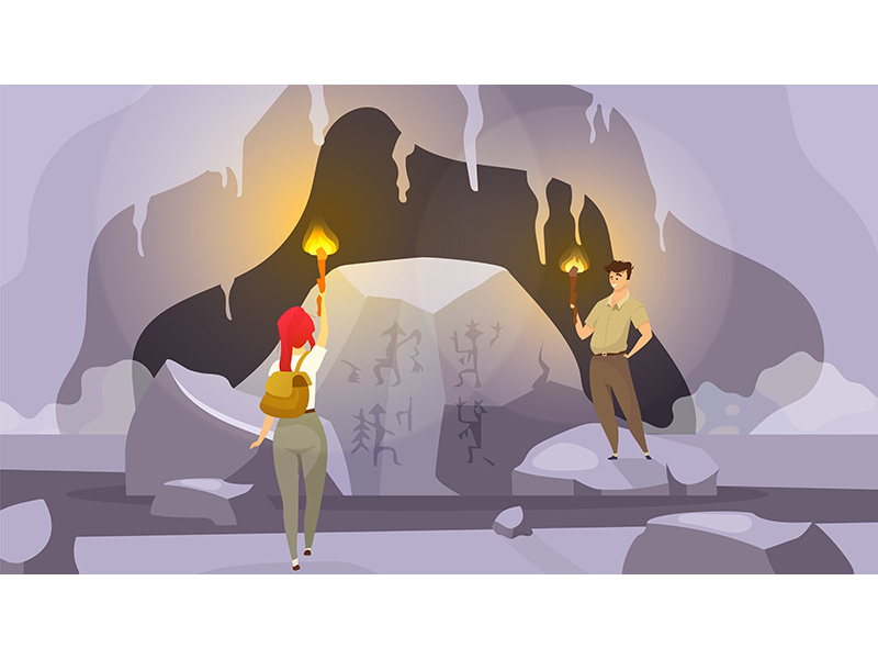 Expedition into caves flat vector illustration