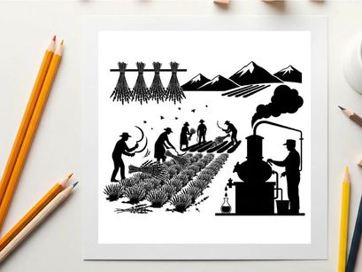 Silhouette of people working in a field with mountains and silhouette