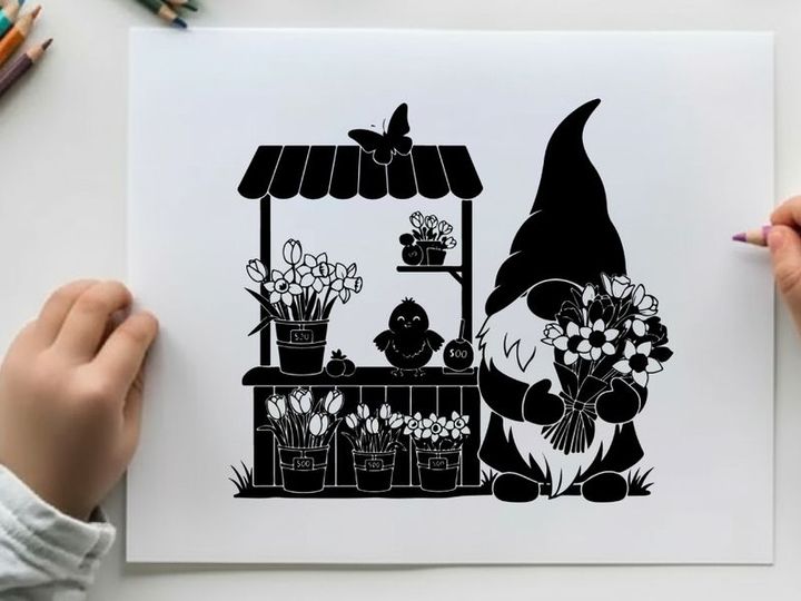 Silhouette of a gnome buying flowers from a vendor's stand