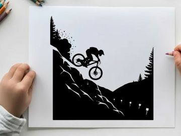 Mountain biker in silhouette jumps off cliffside trail preview picture