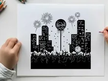 New year's eve celebration silhouette with fireworks and city skyline