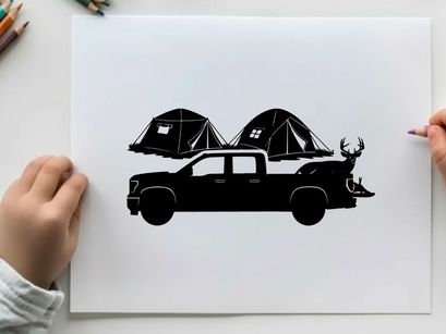 Silhouette of pickup truck with tents and deer on a white background