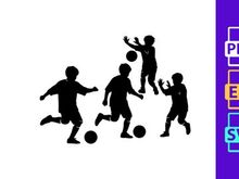 Four black silhouettes of boys playing soccer with balls