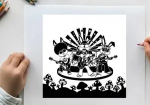 Silhouette illustration of cartoon band performing on stage with mushroom silhouettes