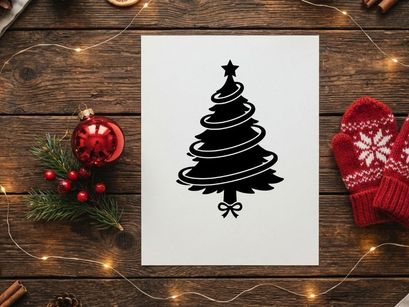 Stylized Christmas Tree Illustration with Star Topper and Ribbon Bow