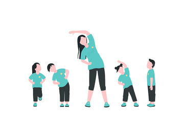 Teacher with children exercising flat color vector faceless characters preview picture