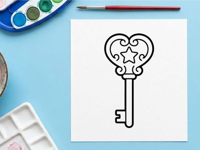 Llave vintage con diseño de corazón y estrella ornamentados. Ilustración clásica de llave esqueleto para temas de amor, seguridad y celebración.