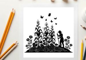 Silhouette of a farmer working in a field with butterflies and flowers