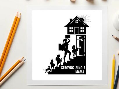 Silhouette of a strong single mama with children and dog outside home