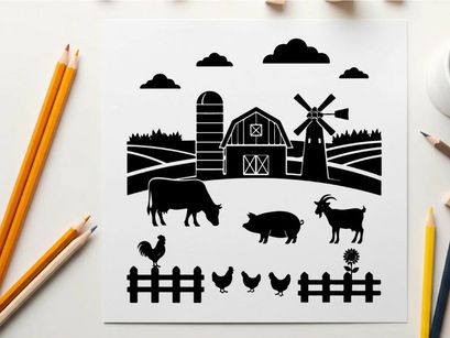 Farm silhouette with animals and windmill
