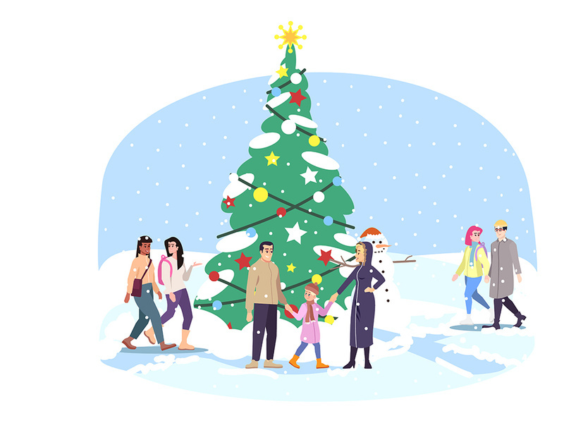 City park Xmas tree flat vector illustration