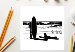 Silhouette of surfer and people at the beach with surfboard