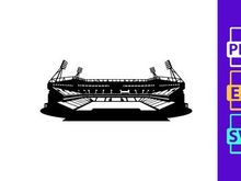 Black silhouette of a large stadium with bright lights and seating