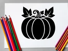 Silhouette of a pumpkin with leaves and a small flower for autumn or Halloween themes