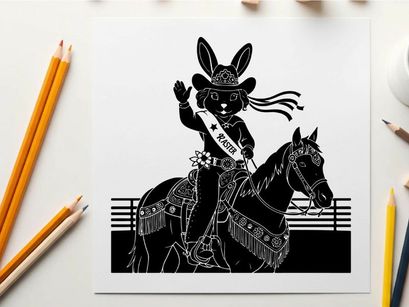 Silhouette of a cartoon bunny cowgirl riding a horse in a rodeo event