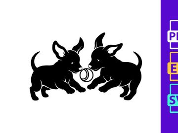 Two black dog puppies playing with metal ring toy silhouette preview picture