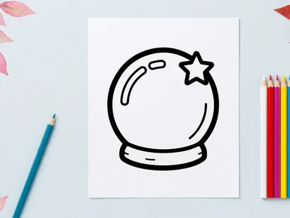 Crystal ball icon with star. Magic fortune teller sphere line art illustration.