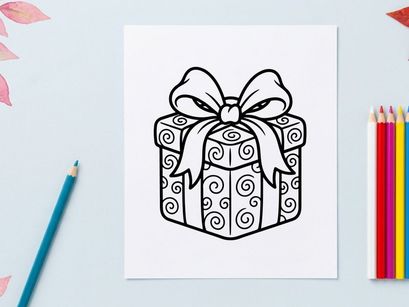 Christmas gift box with ribbon bow, black and white line art vector illustration.