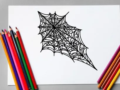 Intricate spider web with dew drops on black background