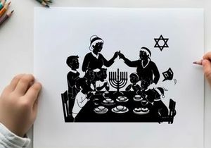 Happy jewish family in silhouette celebrating hanukkah together