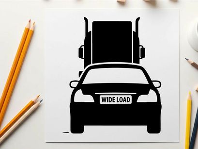 Silhouette of a car with oversized load on a flatbed truck