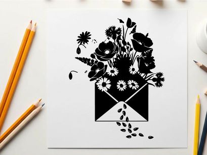 Silhouette of flowers spilling out of an envelope silhouette
