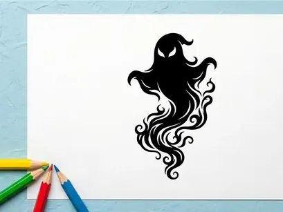 Stilisierte schwarze Silhouette einer mystischen geisterhaften Figur mit fließendem Haar