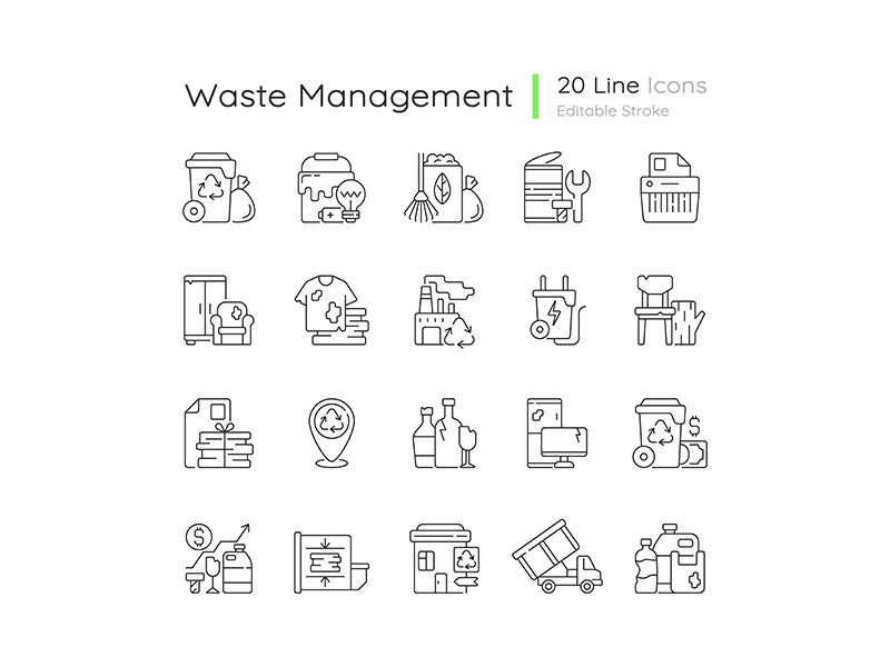 Waste management linear icons set