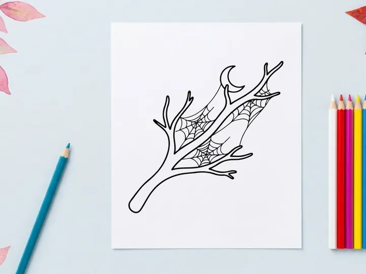 Halloween tree branch with spider web. Spooky bare twig drawing with crescent moon icon.