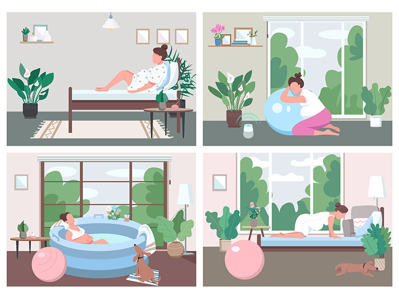 Place for childbirth at home flat color vector illustration set