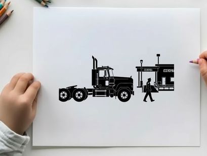 Silhouette of a man walking next to a semi truck and building