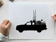 Silhouette of a truck with communications equipment and antennae