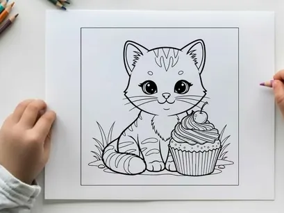 Cute kitten with cupcake vector illustration flat design