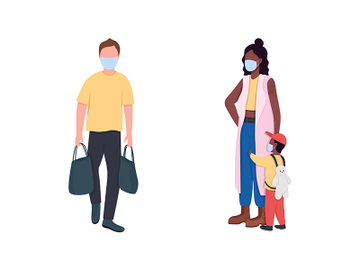African and caucasian people in masks flat color vector faceless character set preview picture