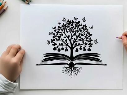 Silhouette of tree growing out of open book with butterflies