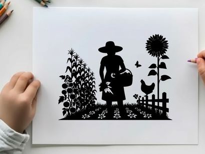 Silhouette of a woman in a garden with sunflowers and a chicken