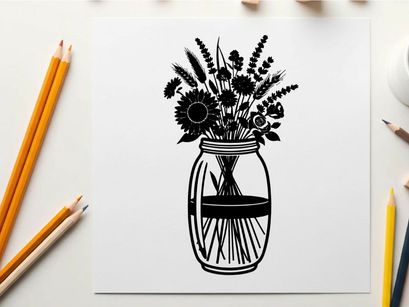 Silhouette of flowers in a mason jar vase silhouette